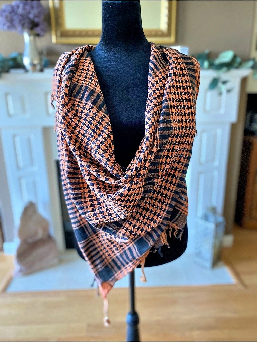 Plaid Bandanna Scarf in Orange & Black